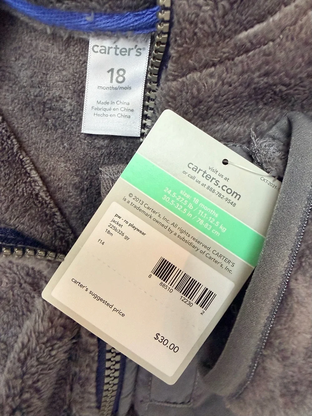 NWT! Carter’s Kids' Dark Gray Fleece Full Zip Jacket; Teddy Bear Fleece